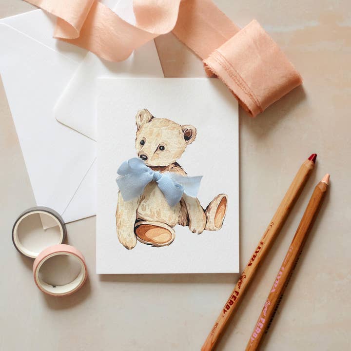 Teddy Bear Hand Tied Silk Ribbon Watercolour Greetings Card for wholesale by Sophie Brabbins