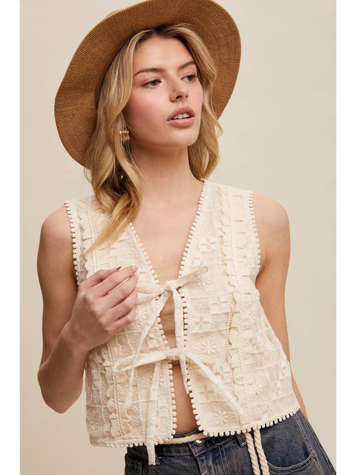 Listicle - Wholesale Outerwear Vest - Women’s - Embroidered Lace Tie-Front Vest LVT00926