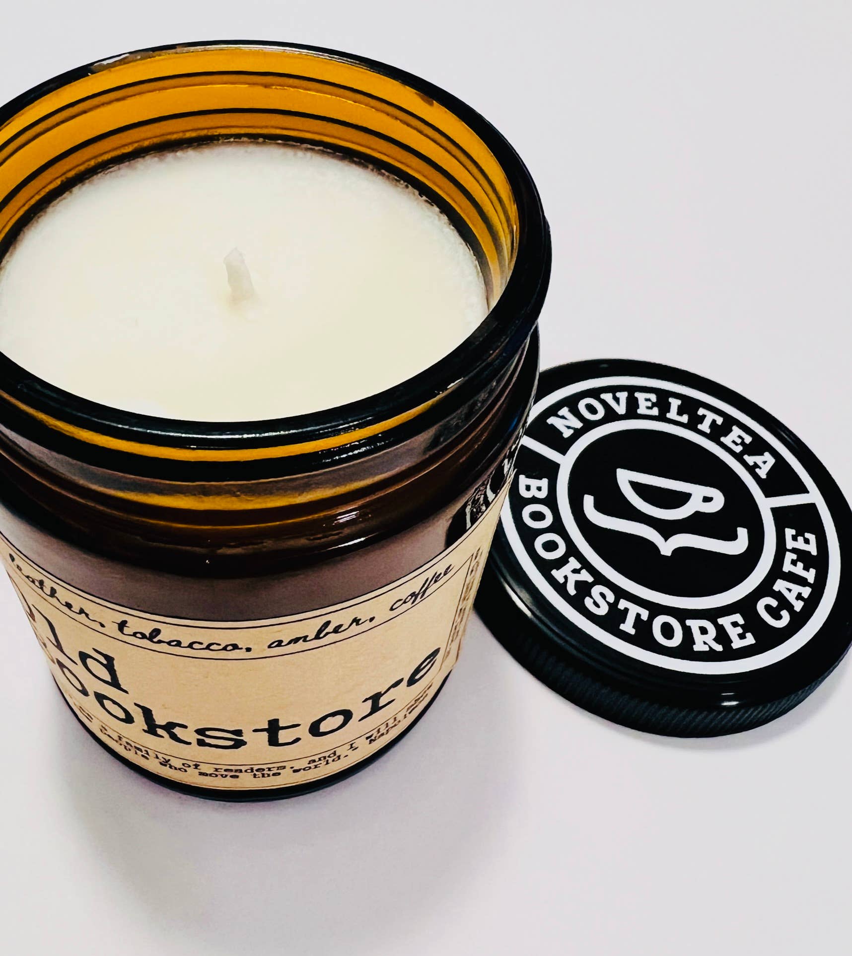 NovelTea Bookstore & Gifts - Wholesale Jar/Filled Candle - Old Bookstore - Leather & Coffee Scented Candle2