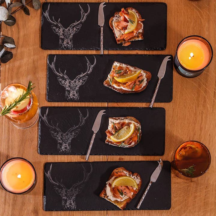 4 Mini Slate Cheese Board & Knives - Stag Prince for wholesale by Selbrae House Ltd