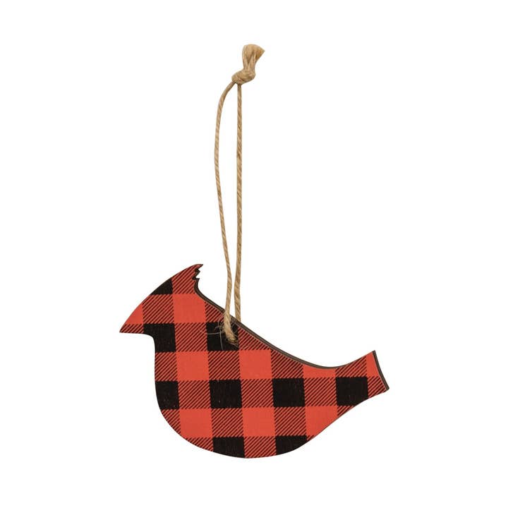 Red & Black Buffalo Check Cardinal Ornament for wholesale by The Hearthside Collection