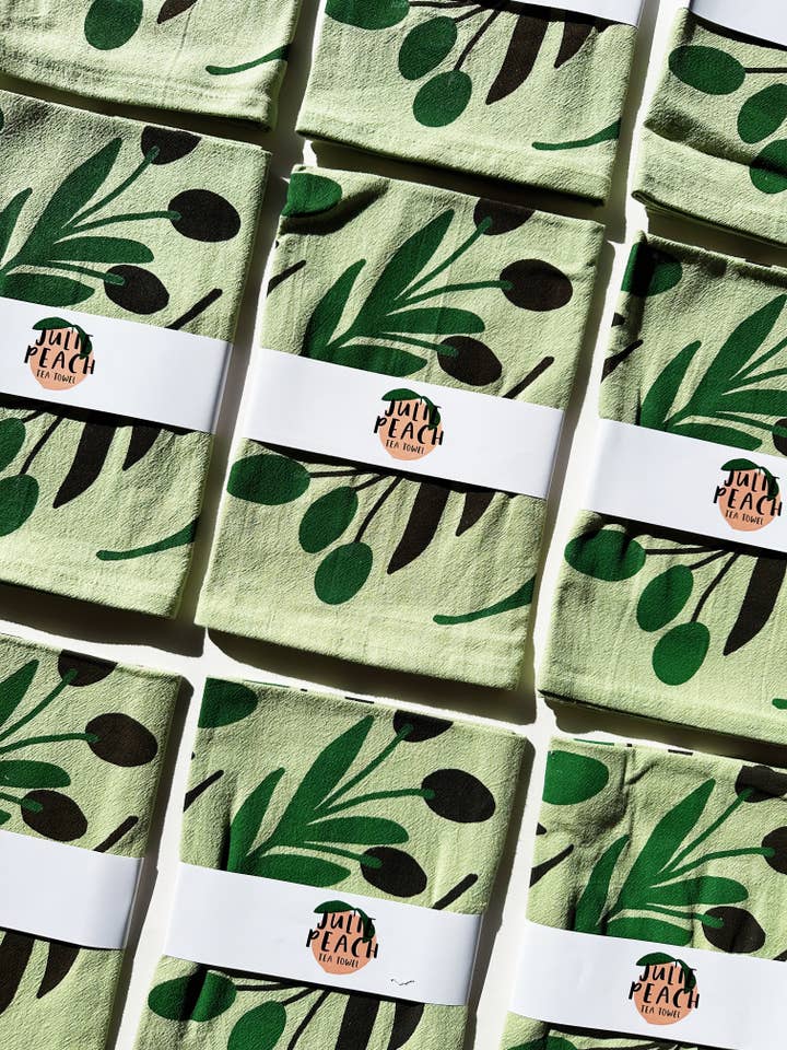 Olive Toss on Sage Green 20" Tea Towel - 100% Cotton for wholesale by Julie Peach