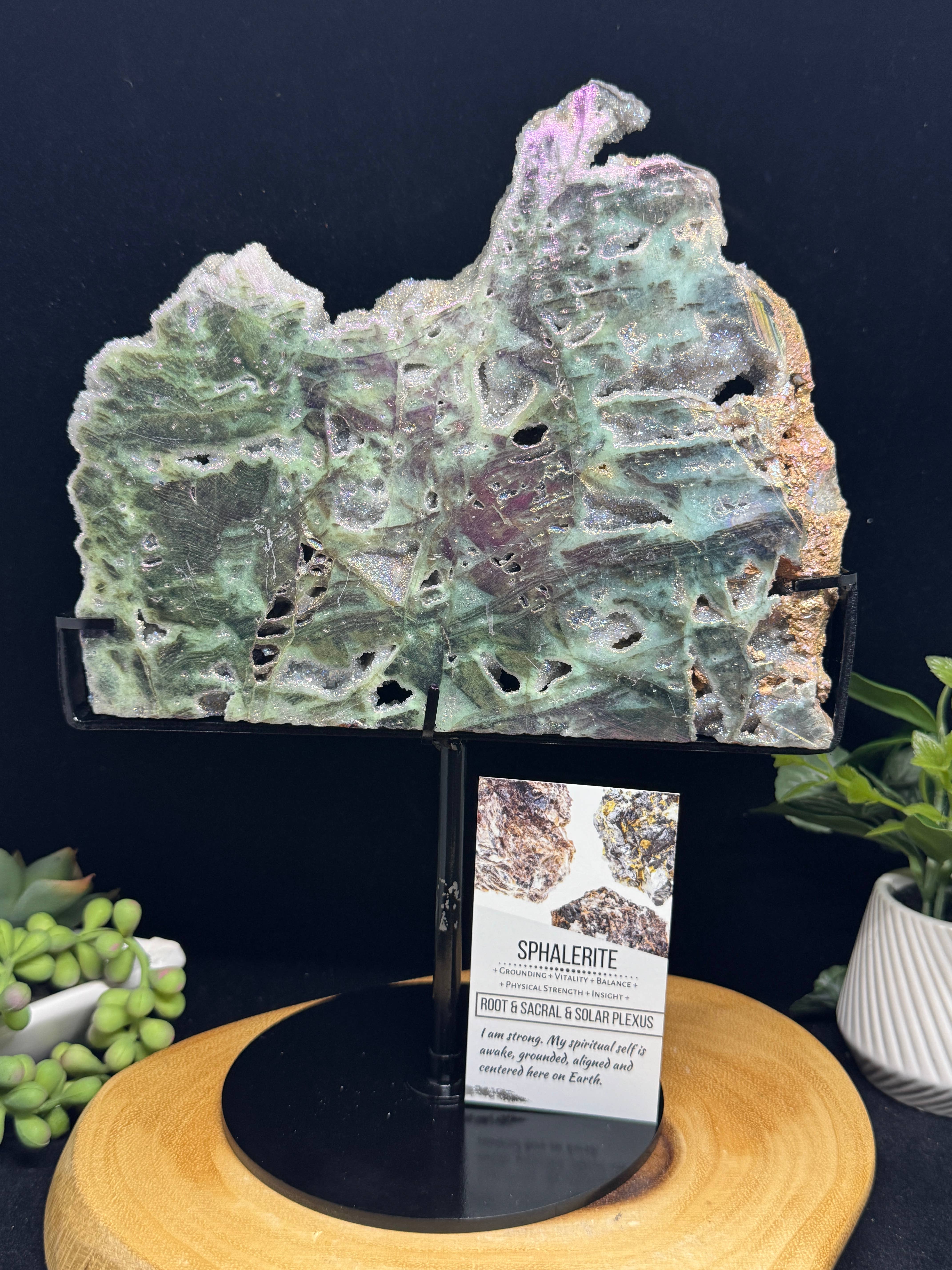 The 7 Directions - Wholesale Spiritual Stone/Crystal - 10 " Lg Angel aura sphalerite slab w/ custom stand F6720