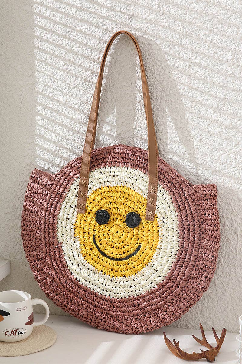 Cap Zone - Vendita all'ingrosso Borsa da spiaggia - Borsa da spiaggia rotonda in rattan con faccina sorridente9