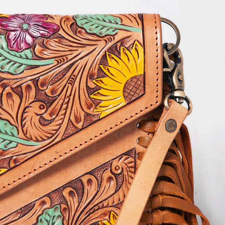 LS Western - Wholesale Crossbody bag – Women's - LC-ADBGF105A Envelope-Style Genuine Leather Western Bag with Fringe & Floral Tooling19