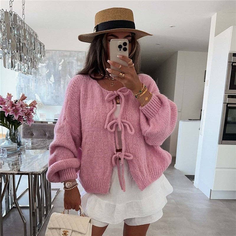 Sheer Trend – Großhandel Strickjacke – Damen – Einfacher Strickjacke mit Bindegürtel und Rundhalsausschnitt6