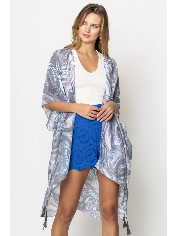 Hana - Wholesale Kimono - Women's - Swirl Print Tassel Summer Kimono Cover Up