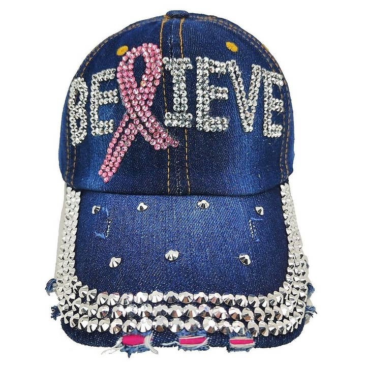 Diacly - Wholesale Baseball Cap - Women's - Believe PInk Ribbon RHinestone Cap