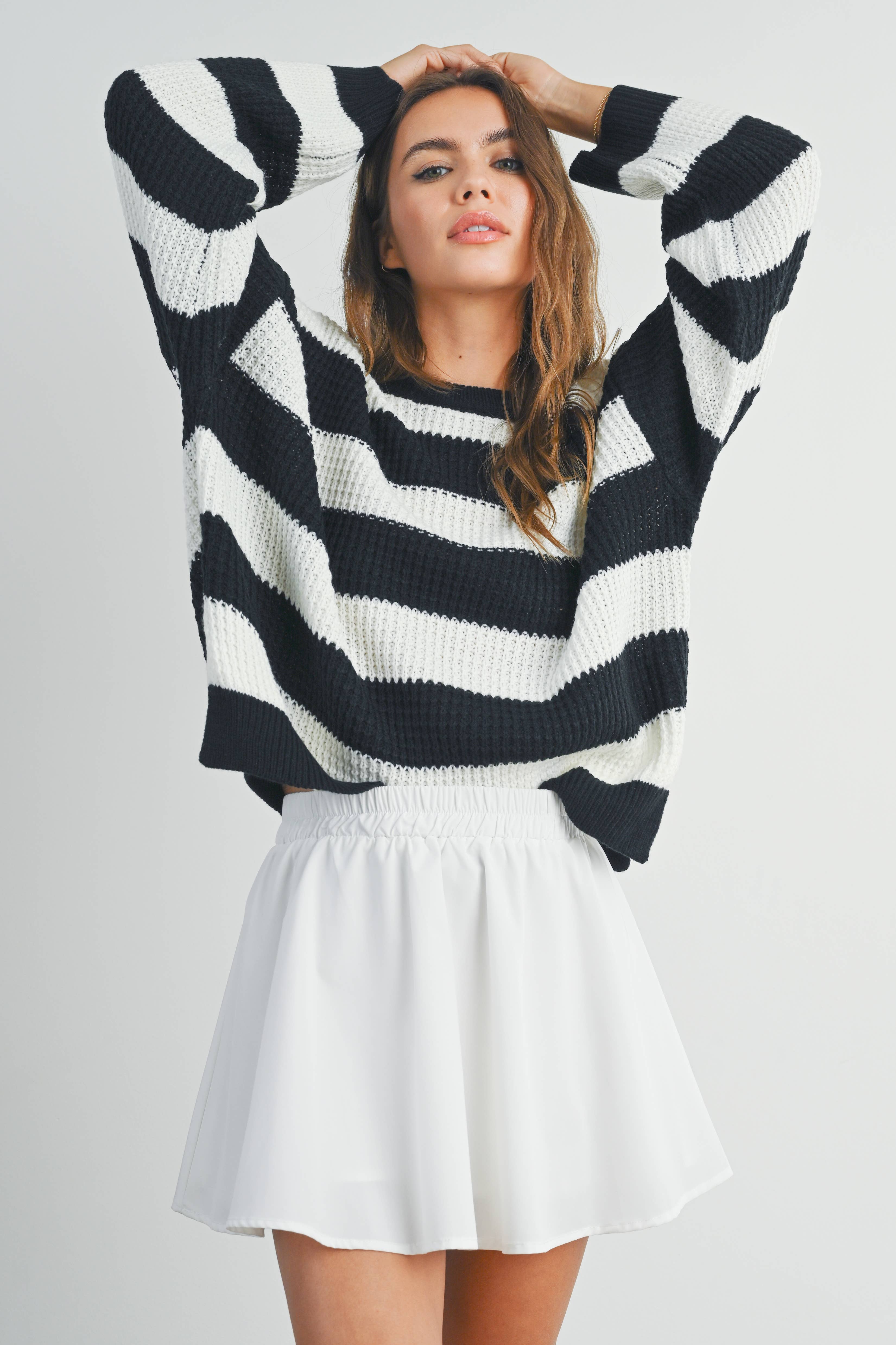 BUTTERMELON - Wholesale Knit Sweater - Women's - Striped Round Neck Long Sleeve Sweater - BMW73291
