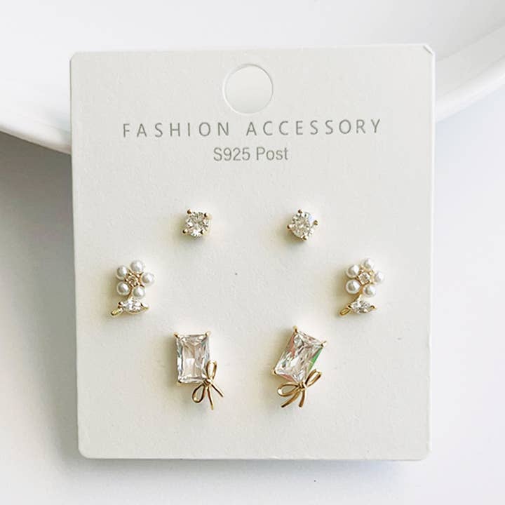 3 Pairs Sterling Sliver Earring Studs with 14K Gold Plated for wholesale by PISTEP