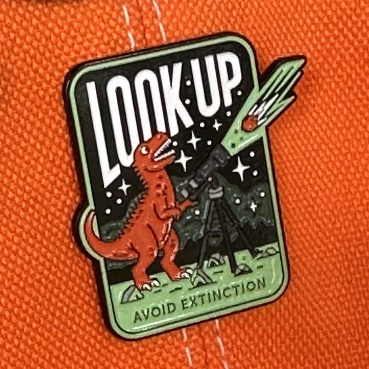 Look Up! Enameled Pin from Dinosaur Extinction for wholesale by Chop Shop Store