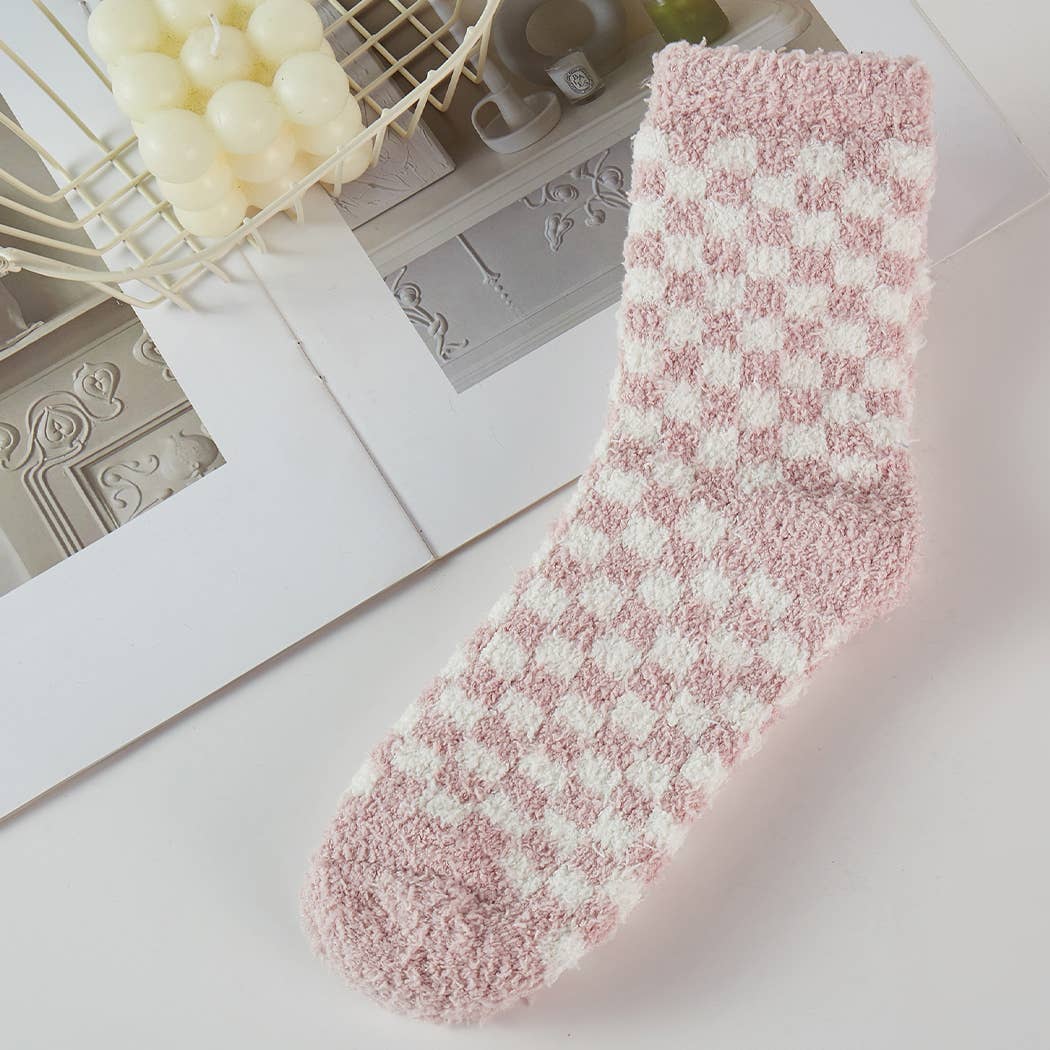  ASSORTED COLORS Checkerboard Pattern Fuzzy Sleep Socks for wholesale on Faire3