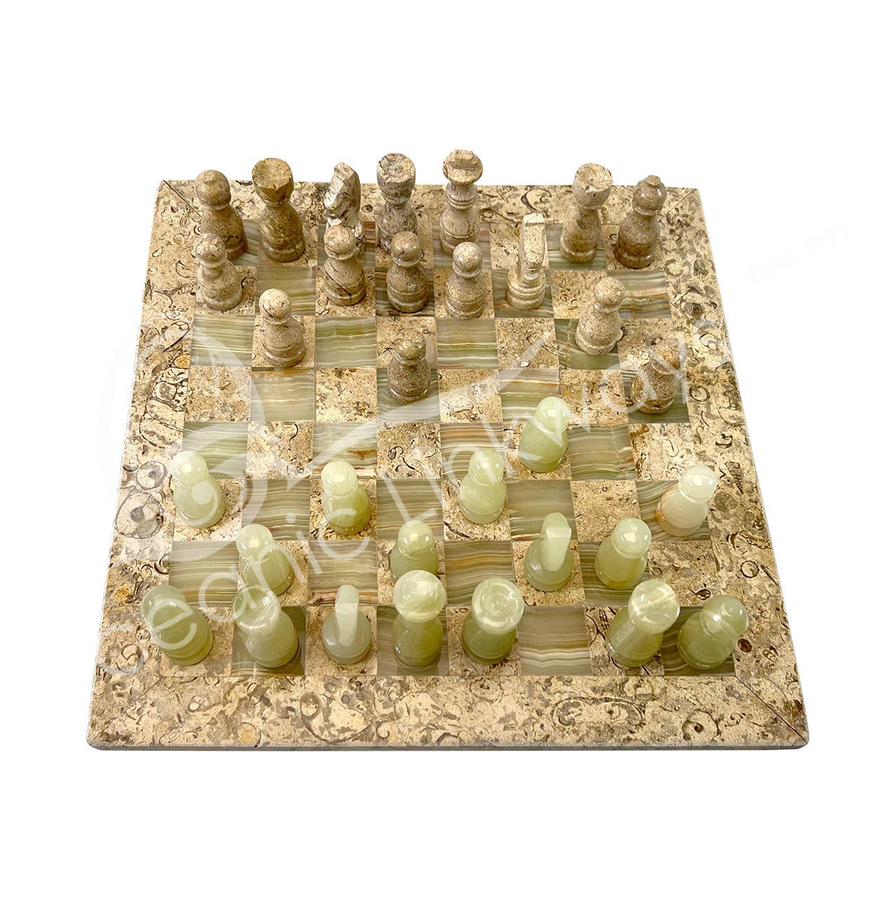 Oceanic Linkways Inc – Engroshandel Spirituelle sten og krystaller – (SKAK)SKAKSÆT - KORAL & GRØN ONYX 12 X 12"1