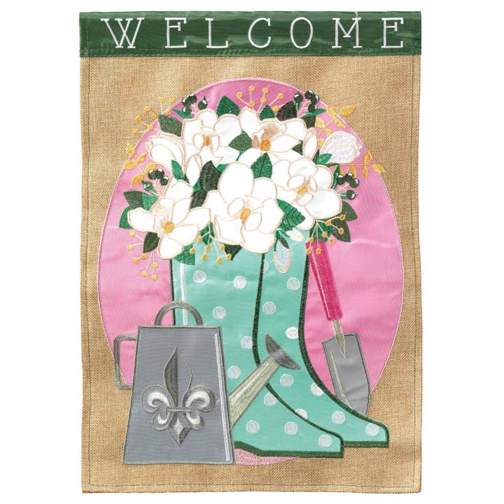 WELCOME FLEUR DE LIS RAINBOOTS FLAG LG para venta al por mayor de Cottage Garden