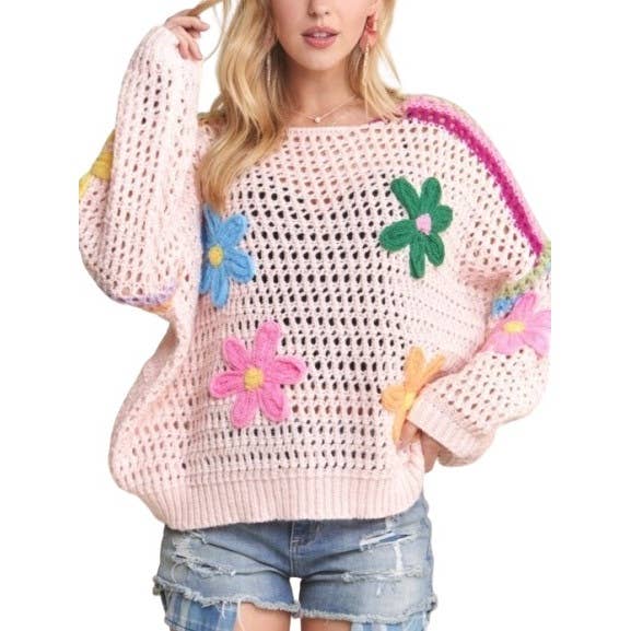 Floral Applique Crochet Top Loose Fit Drop Shoulder Multicol for wholesale by Blue Bunny Inc
