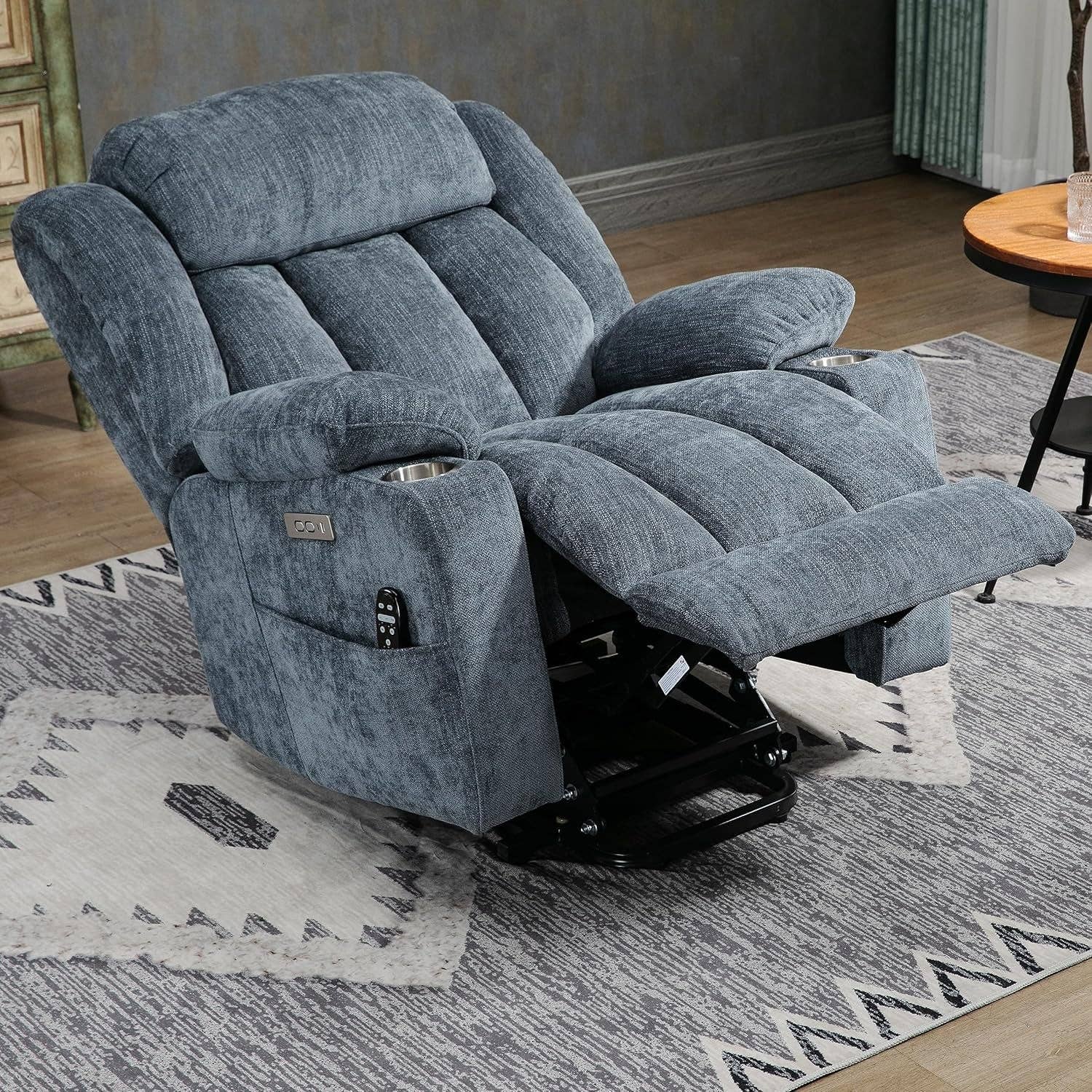 Power Lift Recliner Chair With Full Body Massage And Heat In Elegant Blue Chenille Fabric for wholesale on Faire11