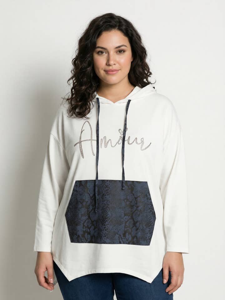 Felpa con cappuccio taglia grande "amore" bianca (T05538) per la vendita all'ingrosso da parte di Pomme Rouge Paris