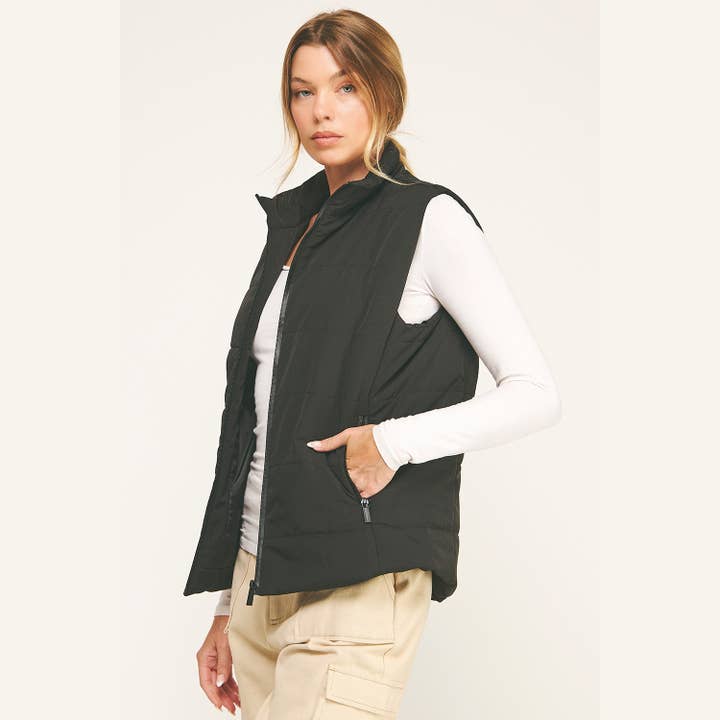 Black CONTRAST ZIP CROPPED PUFFER VEST for wholesale on Faire4