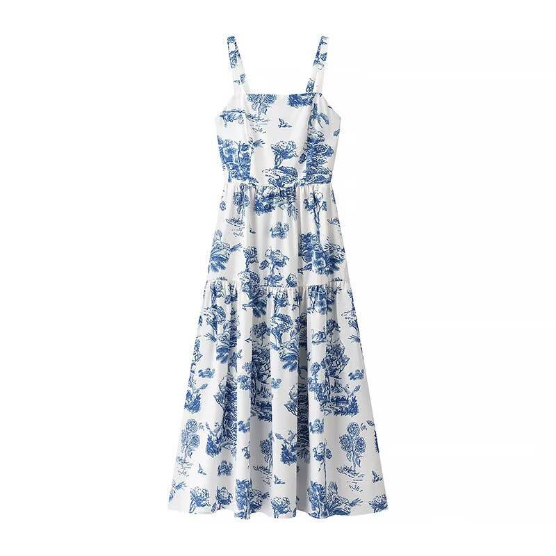 Blue Floral Toile print strappy dress w open back bow tie for wholesale on Faire0