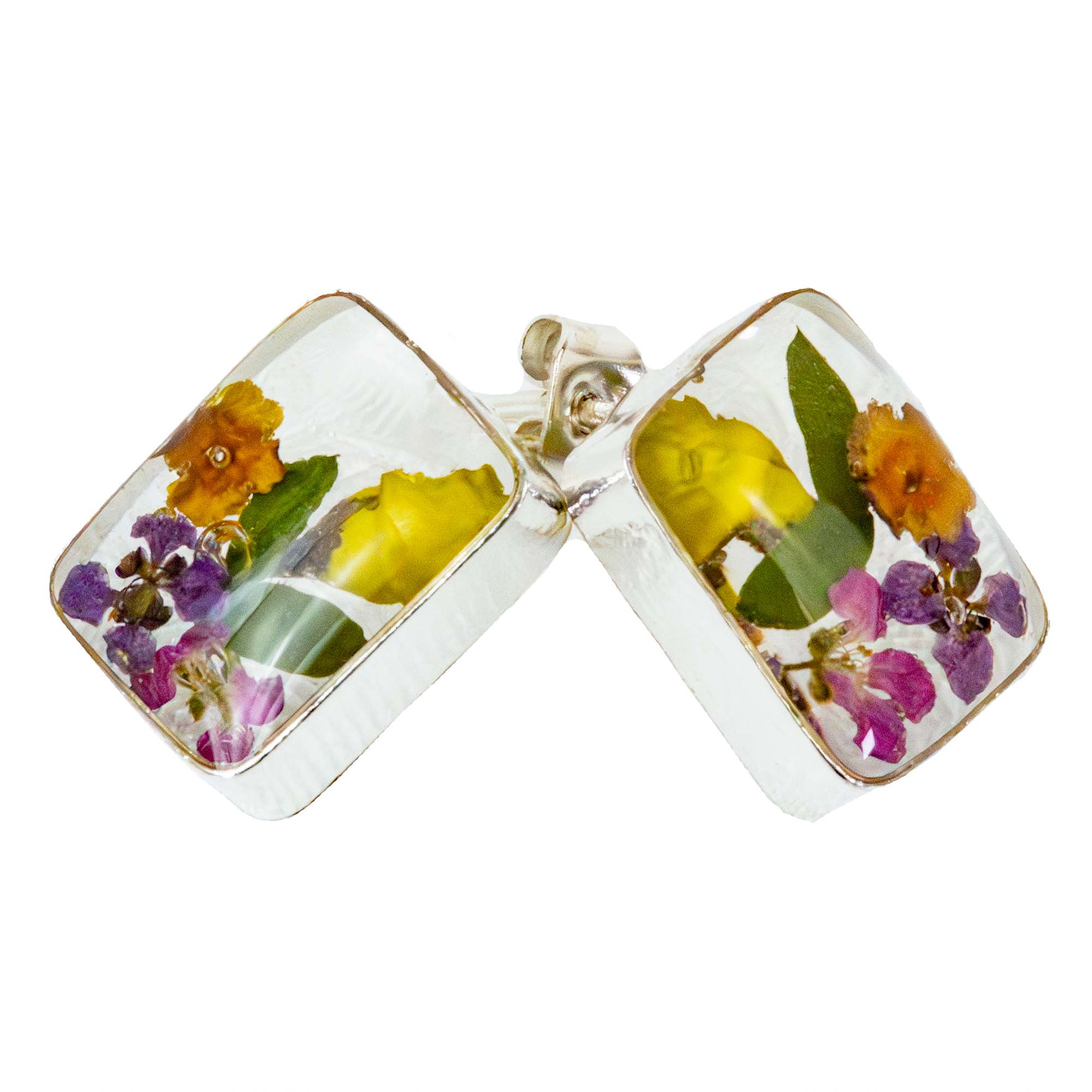 Global Crafts - Wholesale Stud/Post Earrings - Pressed Flower Rectangle Stud Earrings - MIXED COLORS1