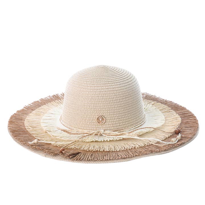 Beige Sun Hat with Tiered Fringe Detail for wholesale by VIA FIORE