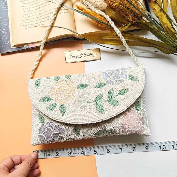 ShopHimalaya - Wholesale Clutch Bag - Women's - Pastel Floral Beaded Clutch Crossbody Ivory Bride Purse