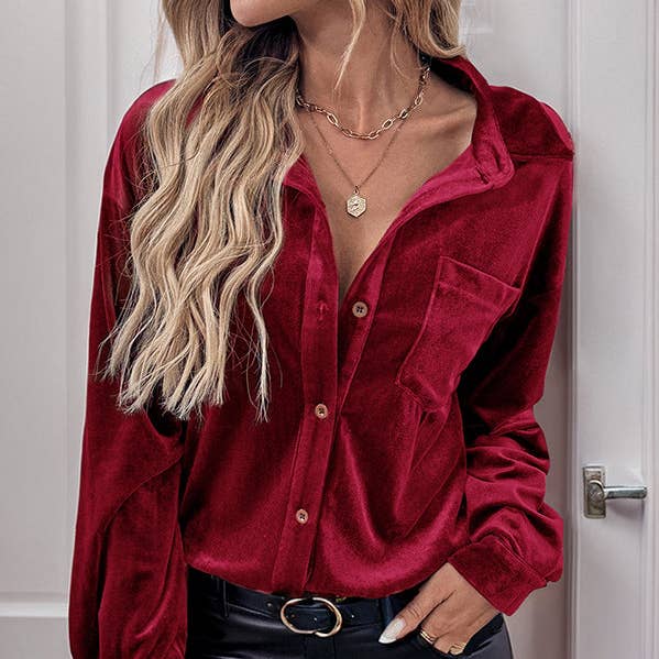 Long Sleeves Loose Buttoned Pockets Solid Color Split-Joint Velvet Lapel Blouses&Shirts Tops for wholesale by UZ Wholesale Store