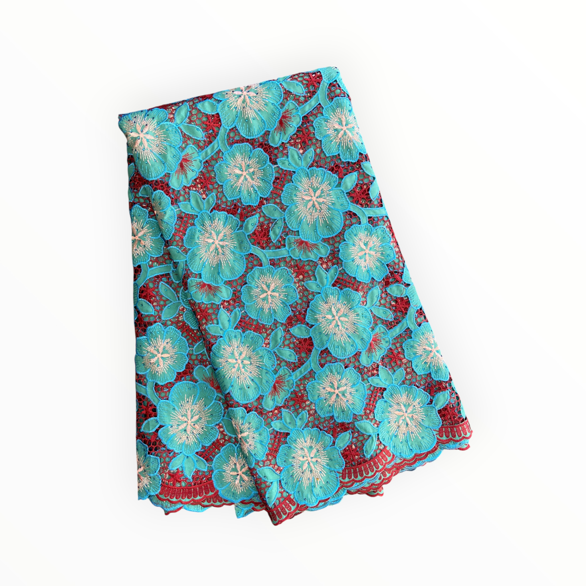 City Fabrics – wholesale Craft supplies – Top Quality Cord Lace Fabric in Teal Blue / Maroon - 5 Yards0