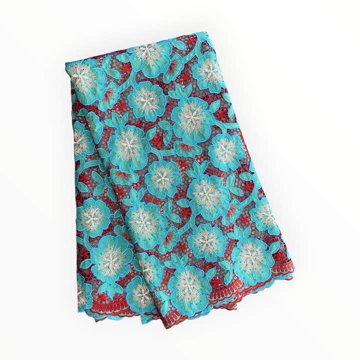 City Fabrics – wholesale Craft supplies – Top Quality Cord Lace Fabric in Teal Blue / Maroon - 5 Yards0