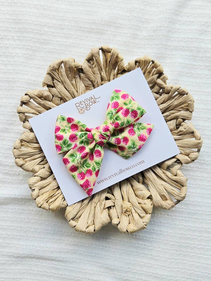 Large Handtied Bow on Clip • Raspberries on Yellow • Summer for wholesale by Revival Bow Co.