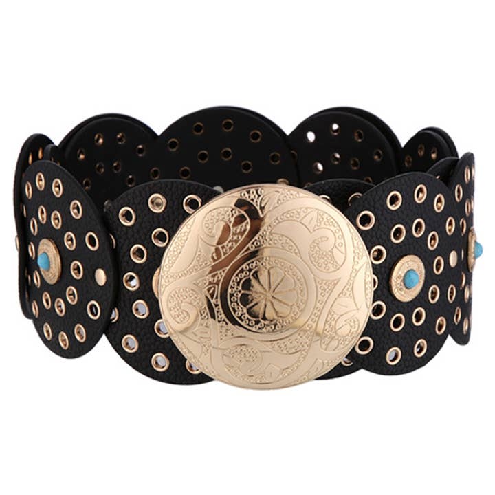 TEXTURED FAUX LEATHER METAL CIRCLE FLORAL ENGRAVE, TO 40854 for wholesale by JOIA ACCESSORIES