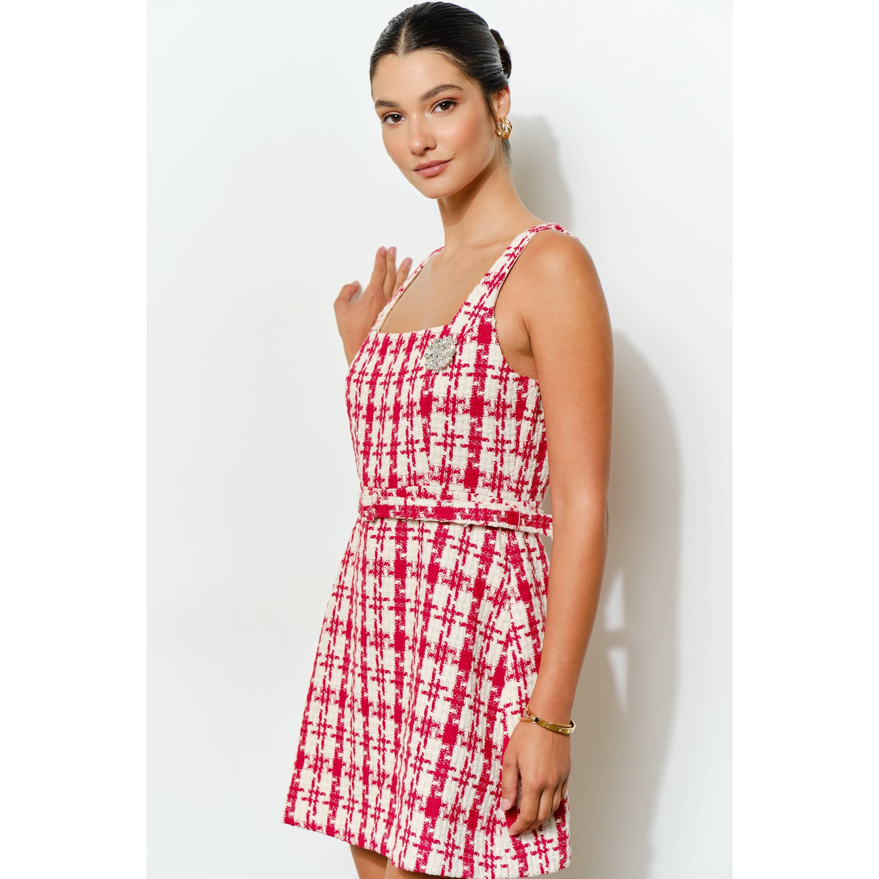 INA - Wholesale Dress - Women's - Check Tweed Brooch Detail Belted Mini Dress3