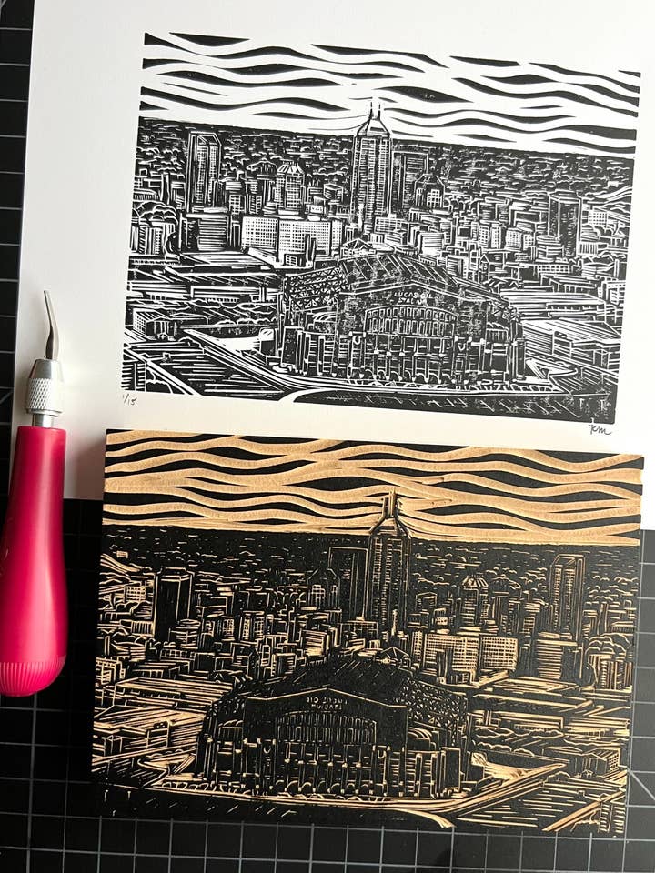 Impresión en linóleo del horizonte de Indianápolis para venta al por mayor de KatieMcKDesigns
