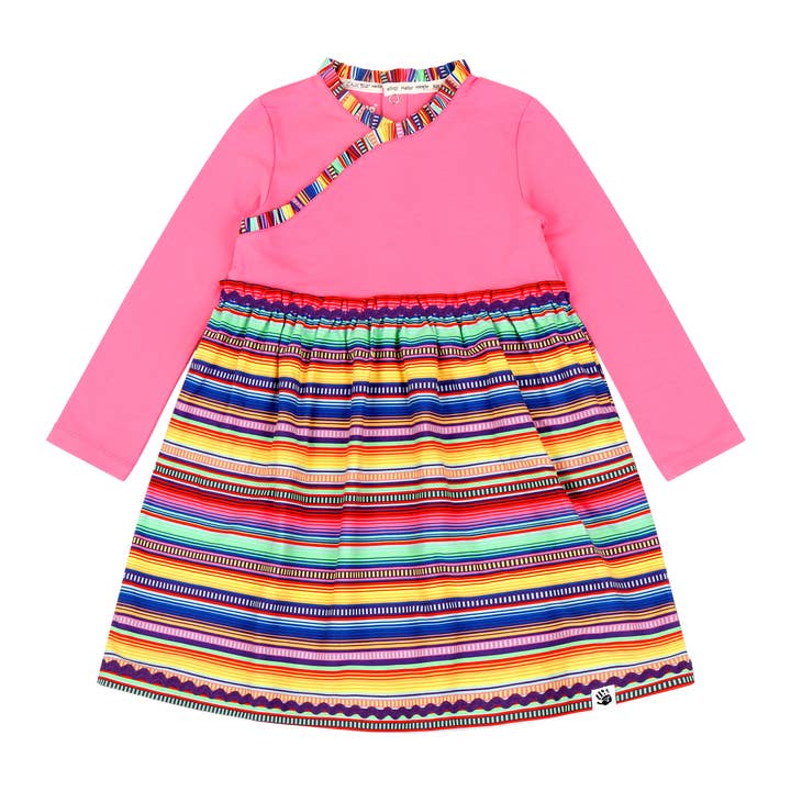 Girls Long Sleeve Ruffle Trim Dress - Pink Multicolor Stripes for wholesale by Mixed Up Clothing