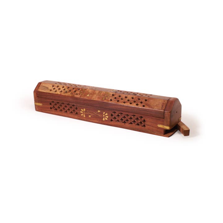 Prabhuji's Gifts – wholesale Incense holder – Incense Burner- Wooden Box w/ Storage - 5 panel Jali +Flower