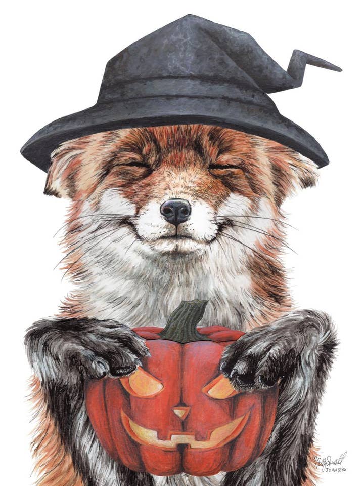 Morning Fox Halloween Witch Jack-O'-Lantern Signed Art Print for wholesale by Holly Simental