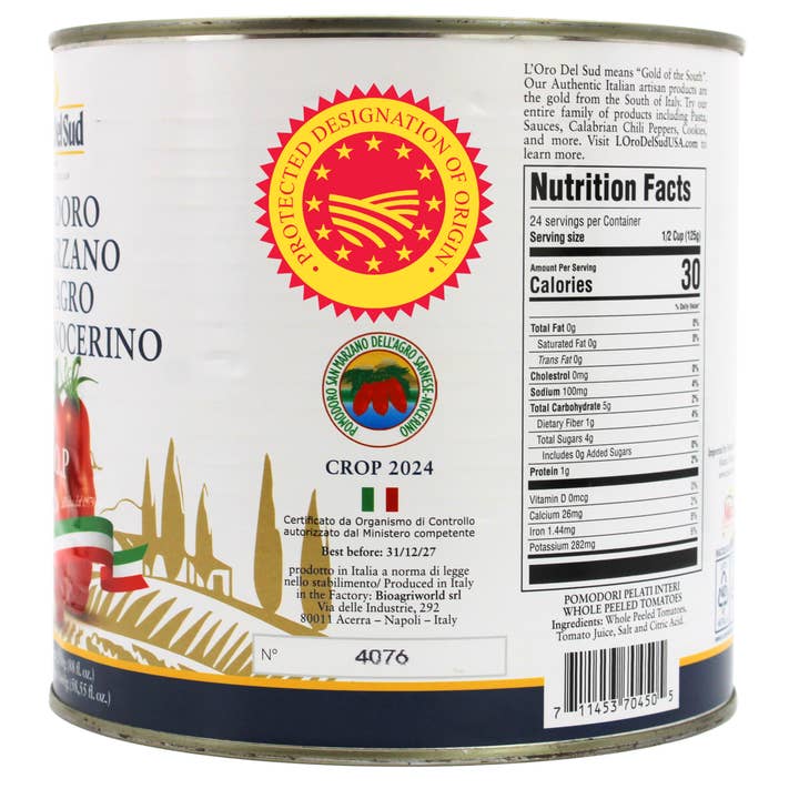 Wholesale Italian Food - Wholesale Canned Vegetables - L’Oro Del Sud, D.O.P San Marzano Tomatoes canned of Agro Sarnese-Nocerino Area, Net Wt. 2550g (88 fl. oz)