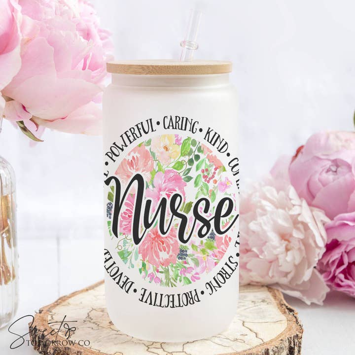 Nurse Floral Glass Tumbler – Cute Medical Gift for Her for wholesale by Cataleya Designs Studio LLC