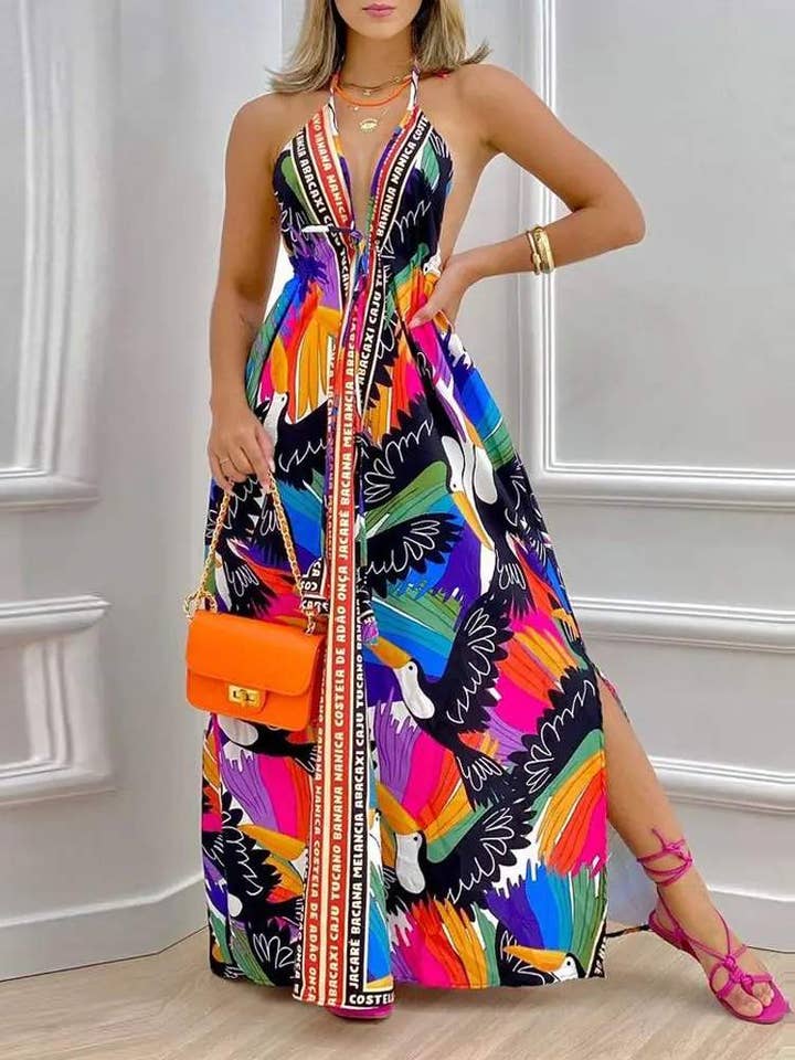 bird print halter backless split hem maxi dress for wholesale by Queen Fashion