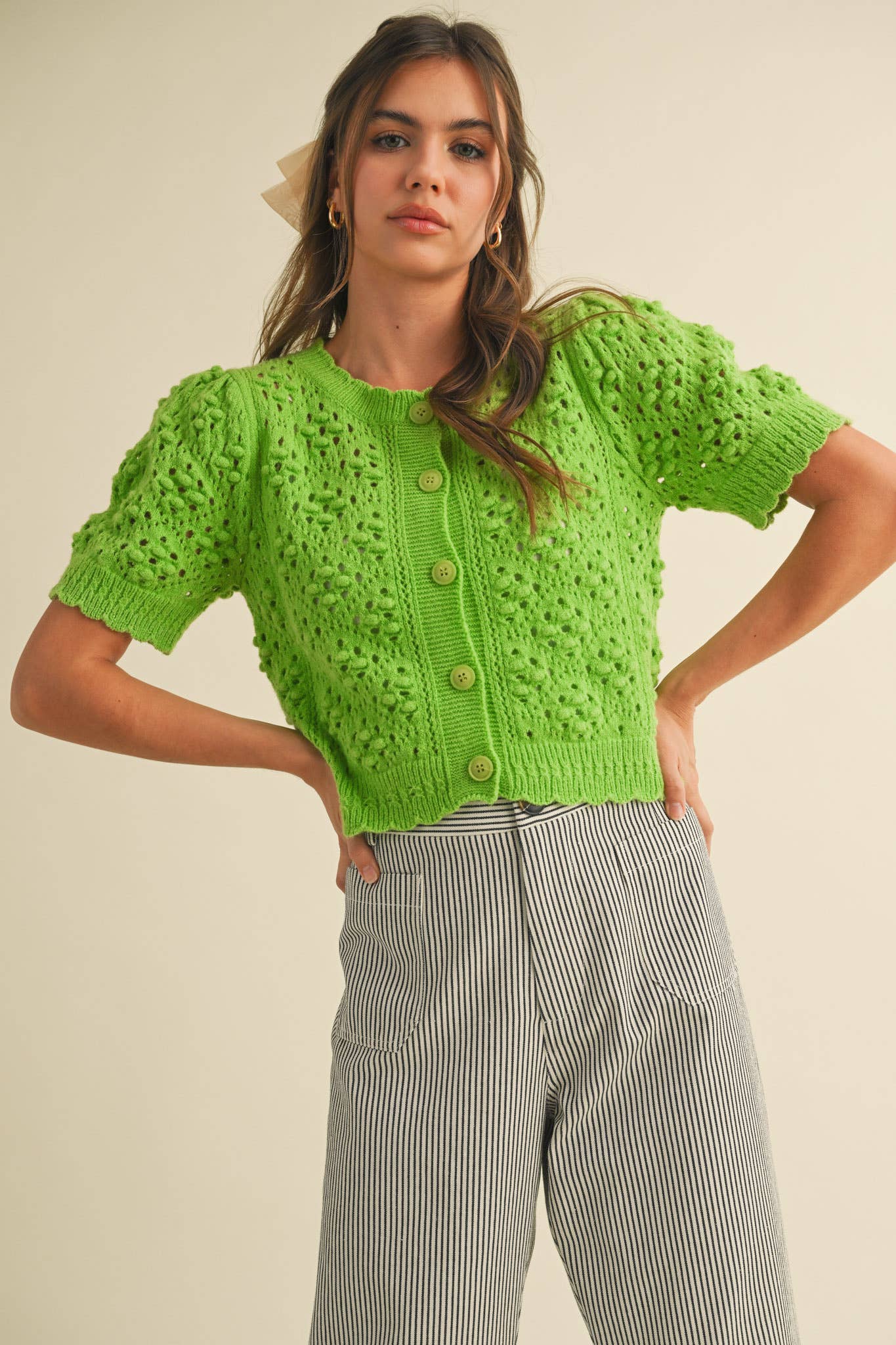 &MERCI - Wholesale Cardigan - Women's - CROPPED POINTELLE BUTTON DOWN SWEATER CARDIGAN MSW1085730