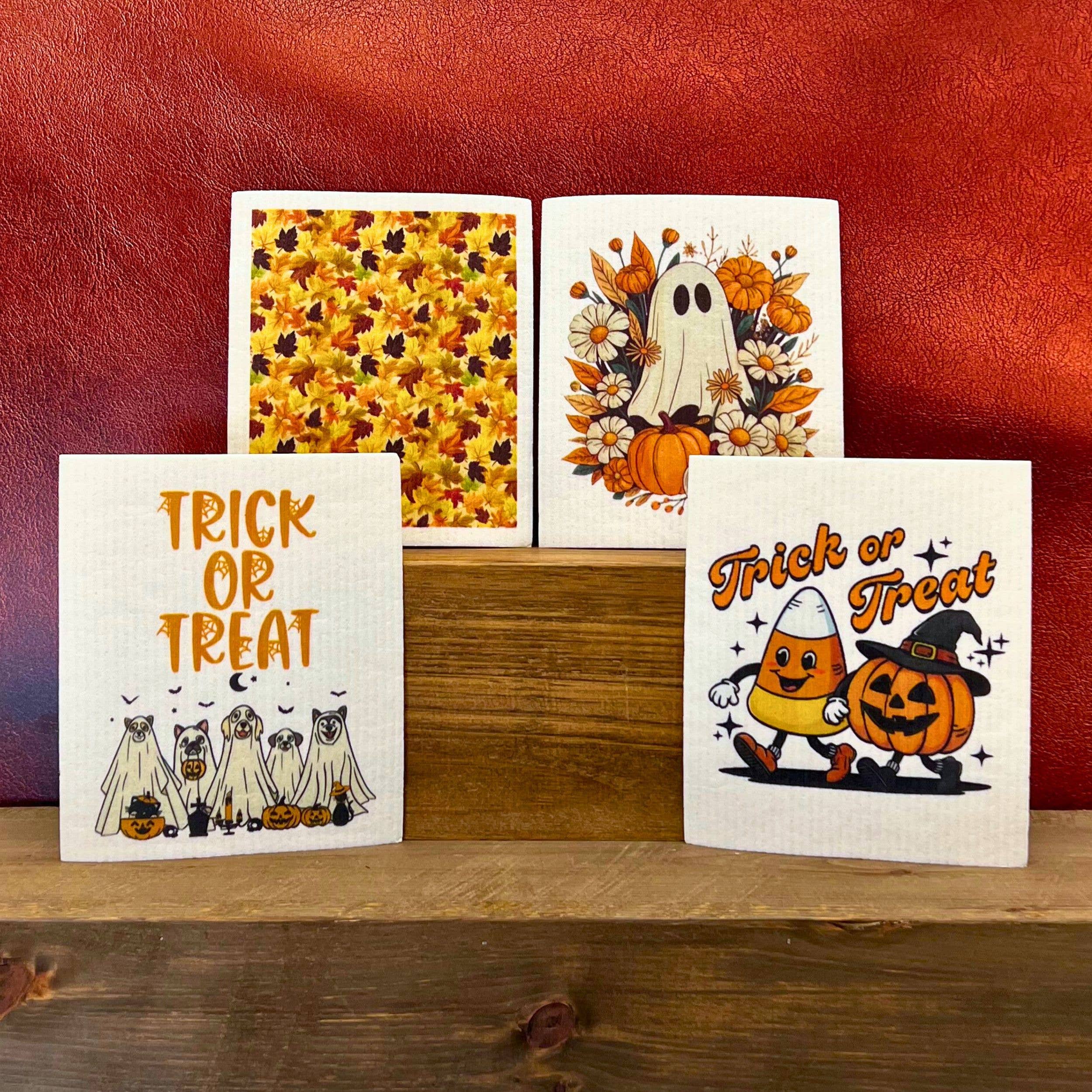 Home Accents By Driftless - Wholesale Dishcloth - Ghost & Autumn Flowers - Halloween Swedish Dishcloths1