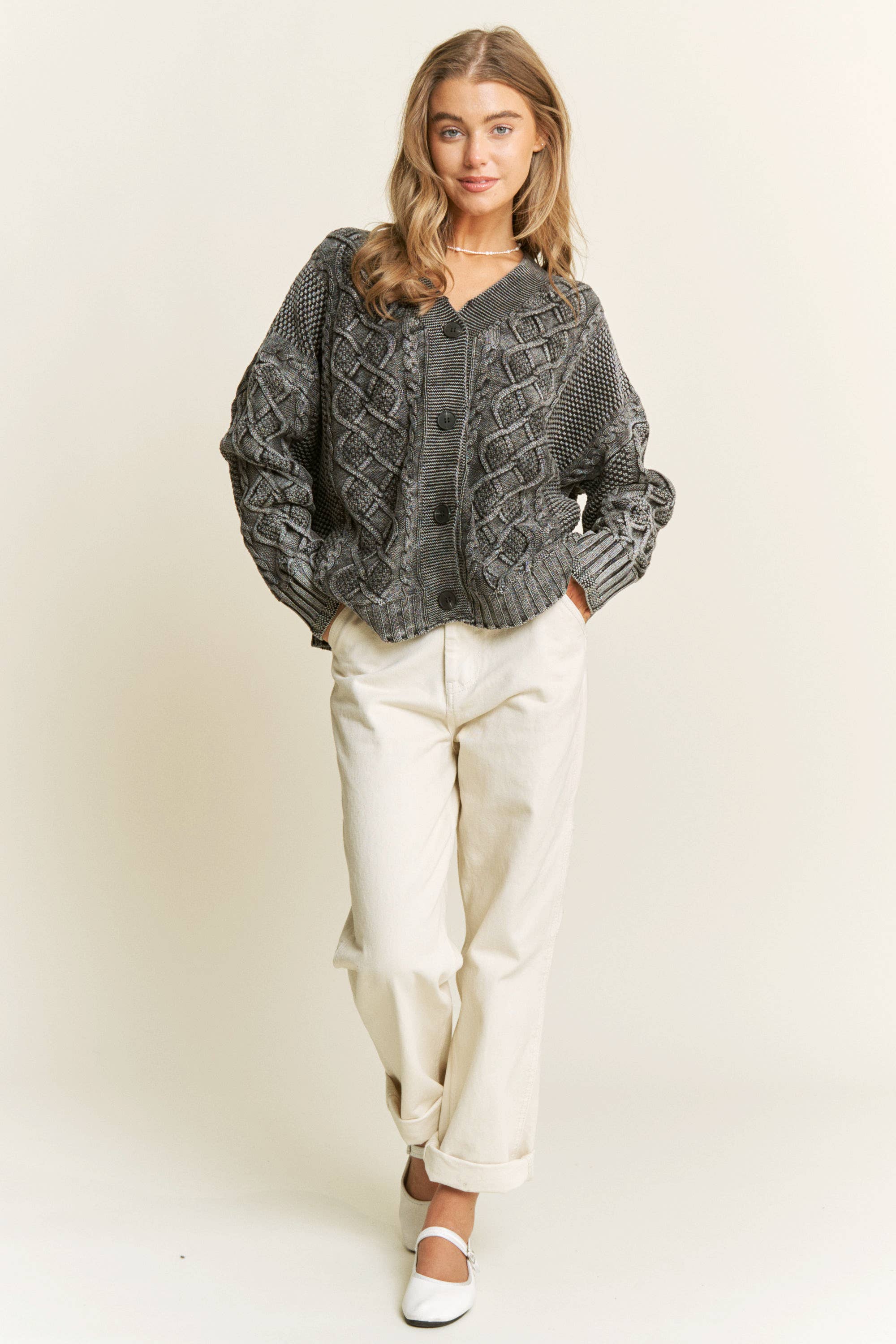 Sweet Generis - Wholesale Cardigan - Women's - WASHED VINTAGE CABLE KNIT CARDIGAN17