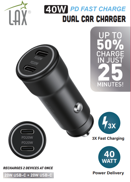 LAX Gadgets - Wholesale Portable Charger - Dual 2x USB-PD 20W Ports Rapid Car Charger Black Retail Pack1