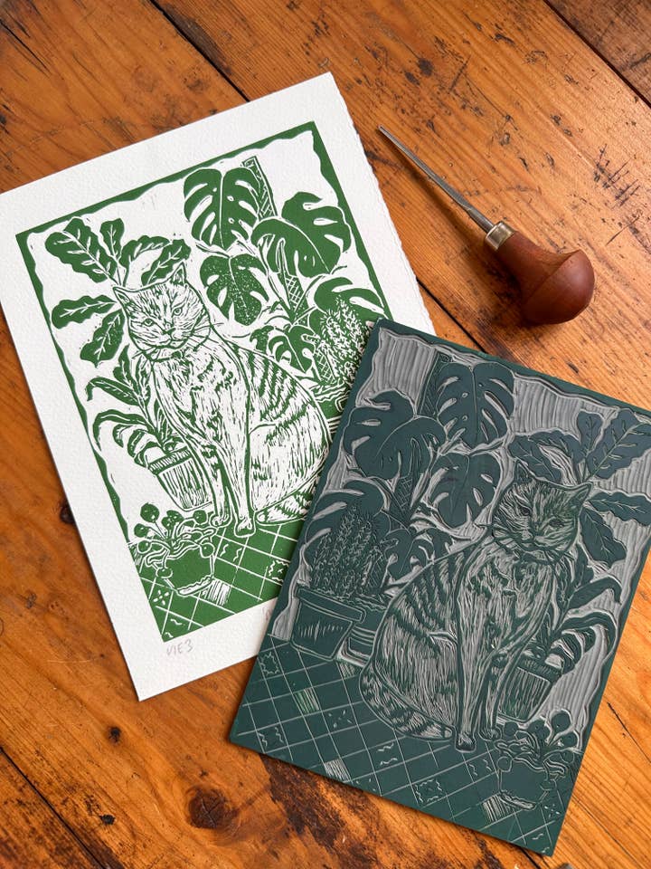 Original Linocut ‘Monty amongst plants’ print. for wholesale by LDMDesign