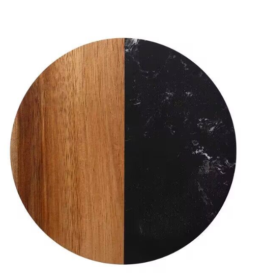 Creative Gifts International Inc. - Wholesale Coasters - Set Of 4 Black Marble and Acacia Wood 4" Round Coasters3