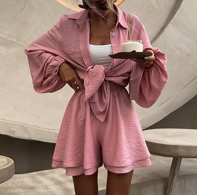 HIDDENBRAND - Wholesale Top & Short Set (NOT Loungewear) - Women's - Puff Sleeve Shirt Wide-Leg Shorts Two-Piece Set5