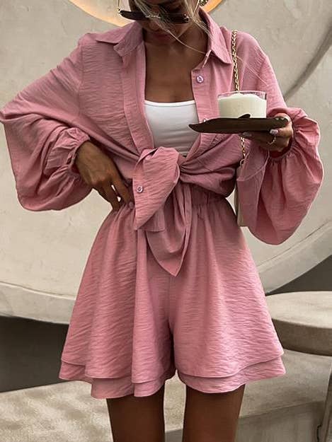 HIDDENBRAND - Wholesale Top & Short Set (NOT Loungewear) - Women's - Puff Sleeve Shirt Wide-Leg Shorts Two-Piece Set5