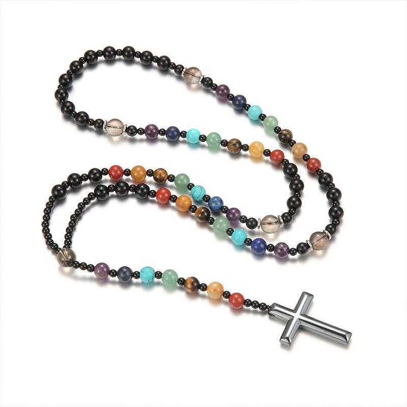 Gemcohub - Wholesale Spiritual Stone/Crystal - Beads Multicoloured Natural Stone Cross Rosary Necklace4
