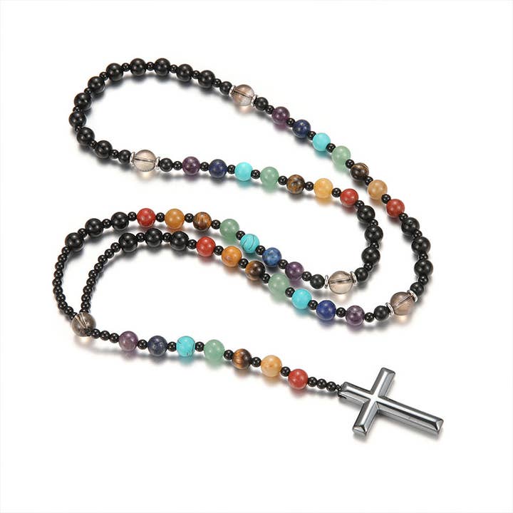 Gemcohub - Wholesale Spiritual Stone/Crystal - Beads Multicoloured Natural Stone Cross Rosary Necklace4
