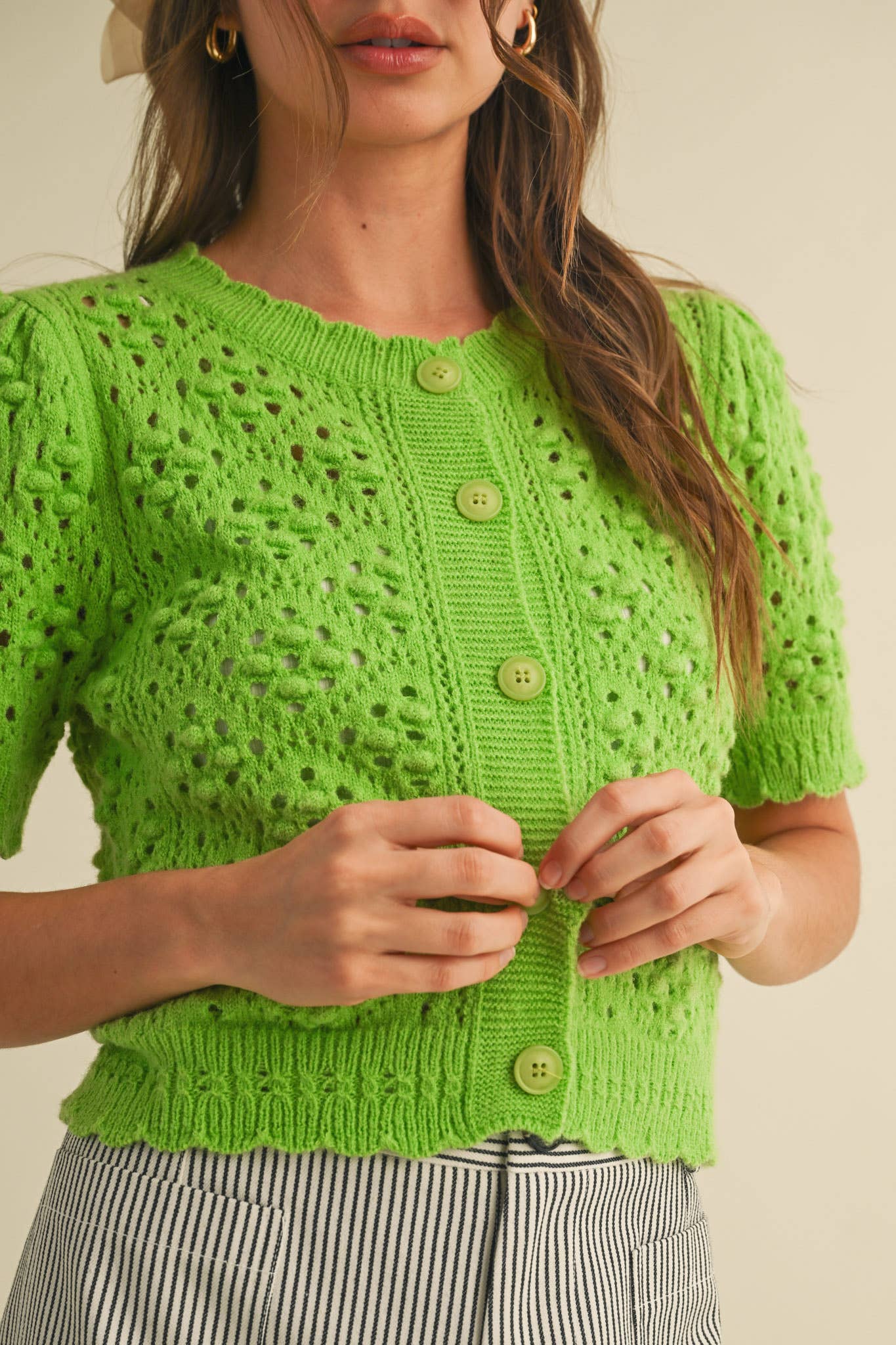 &MERCI - Wholesale Cardigan - Women's - CROPPED POINTELLE BUTTON DOWN SWEATER CARDIGAN MSW1085733